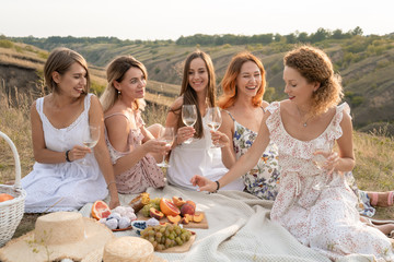 The company of gorgeous female friends having fun, drink wine, and enjoy hills landscape picnic