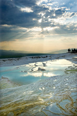 Carbonate travertines the natural pools during sunset, Pamukkale, Turkey - UNESCO HERITAGE
