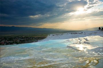 Carbonate travertines the natural pools during sunset, Pamukkale, Turkey - UNESCO HERITAGE