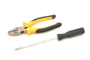 Set of tools for carpentry service, repair service, isolated on white background. Pliers, screwdriver