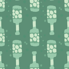Doodle alcohol rum bottles on green background. Green glass bottle seamless pattern.