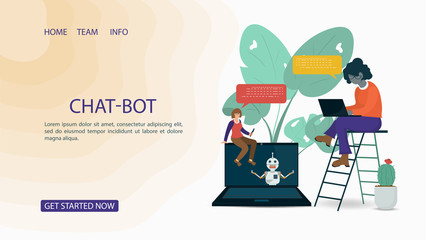 Banner Chatbot Virtual Help two girls communicate with a robot For a Website Or Mobile Applications Artificial Intelligence Concept Flat Vector Illustration