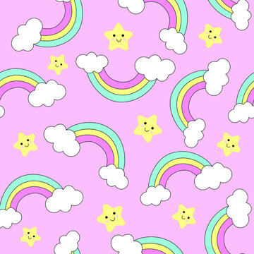 Pastel rainbow seamless pattern on pink background with stars,  rainbow, cloud. Kids cute happy cartoon for baby clothes, nursery art, sticker, print, pop art, fabric, wrapping. Vector illustration