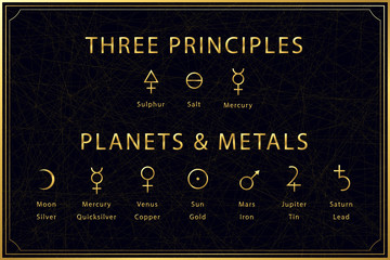 Alchemical golden symbols set on dark background. Three principles of alchemy - sulphur, salt, mercury. Planets and metals designation. Sacred geometry. Vector illustration. - obrazy, fototapety, plakaty