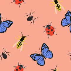 Fotobehang Roze gelast patroon achtergrond behang met verschillende insecten: wespen, laybugs, spinnen en vlinders © Eduardo