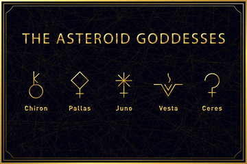 Set of alchemical golden symbols of the asteroid goddesses on dark background. Sacred geometry. Vector illustration. - obrazy, fototapety, plakaty