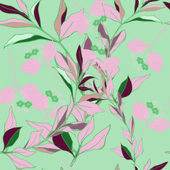 Tree branches with lilac pink leaves on a seafoam green background. Seamless pattern with floral motifs. Vector illustration.