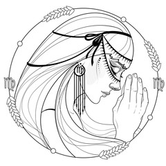  black and white girl virgo zodiac sign with ribbons and ears of corn brought her hands together in prayer  - 328362315