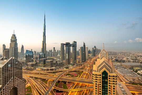 sunrise over Dubai Downtown skyline 