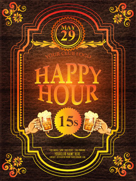 Beer Promotion Happy Hour Flyer Template on wooden background. Flyer that will give the perfect promotion for your upcoming promotion. Vintage concept, art template, labels, layout, card. EPS 10