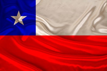 photo of the national flag of Chile on a luxurious texture of satin, silk with waves, folds and highlights, close-up, copy space, concept of travel, economy and state policy, illustration
