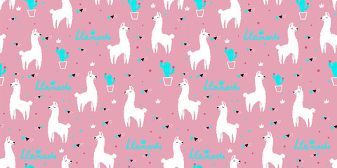 Lovely llamas, cute hipster pattern for children's cloth with lamas and crowns. Linear style, cartoon character llama birthday card, baby shower design pink background. © Stilesta