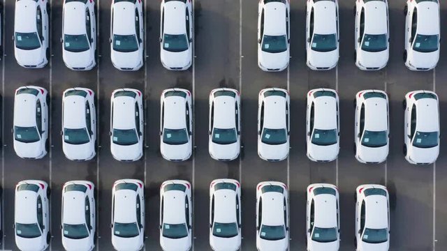 Aerial top down view of the dealership or customs terminal parking lot with a rows of new cars