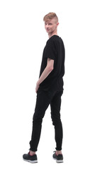 rear view. casual student guy looking at blank screen