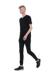 in full growth. modern guy student slowly goes forward