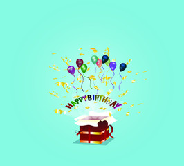 red gift box with confetti and balloons happy birthday inscription on a turquoise background vector graphics illustrations