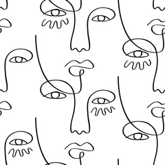 Wallpaper murals One line Glamour one line drawing women faces seamless pattern