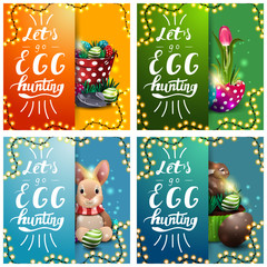 Let's go egg hunting, collection postcards with Easter icons and beautiful letterings in material design