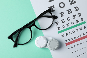 Glasses, case for contact lenses and eye test chart on mint background, top view