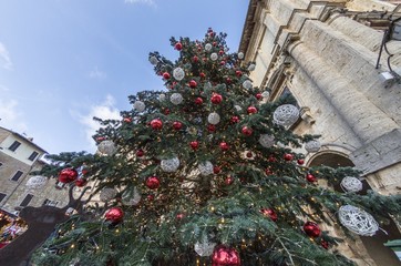 Christmas tree in a public square - obrazy, fototapety, plakaty