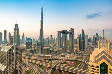 Naklejka na ściany i meble sunrise over Dubai Downtown skyline 