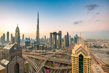 Fototapeta na wymiar sunrise over Dubai Downtown skyline 