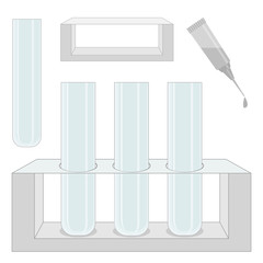 Equipment for a chemical laboratory - tripod, glass tubes, pipette, dispenser with liquid. Vector illustration for medical research.