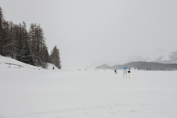 Sils, Silsersee, Langlauf, Langlaufloipe, Maloja, Malojawind, Piz da la Margna, Schneefall, Winter, Wintersport, Winterwanderung, Oberengadin, Alpen, Graub&uuml;nden, Schweiz
