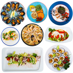 Set of assorted seafood dishes