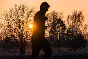 Jogger in the sunset, out of focus, trees in the background, sunny, silhouette
