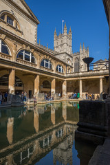 BATH, ENGLAND - March 27, 2019 - The Roman baths are Bath's major tourist attraction and receive more than 1.3 million tourists every year.  The city of Bath is a UNESCO World Heritage Site.