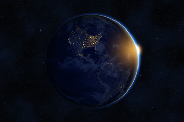 Sunrise over planet Earth against dark starry sky background, elements of this image furnished by NASA