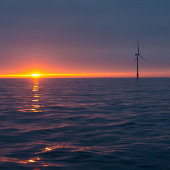 Sunset at North sea, wind park