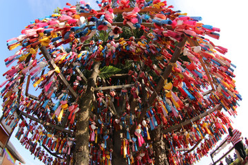 Mae Hong Son Province, Thailand - Jan 1, 2020: Colorful heart shaped key rings hanging around a tree as a souvenir to visit. Yon Lai Viewpoint
