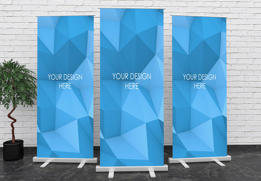 3 Roll Up Banners Mockups Composition with White Brick Wall