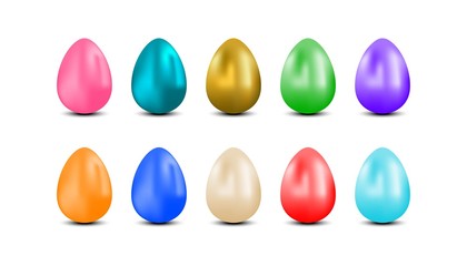 Realistic 3d colored easter eggs on white background.
