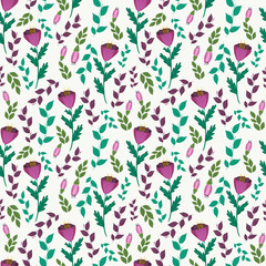 Vector seamless pattern,print,texture,background,wallpaper with pink or violet, purple flowers, buds and leaves, greenery, foliage on the transparent background.
