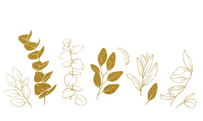 Fototapeta na wymiar stock illustration contours of eucalyptus and olive leaves in gold glitter. set of golden leaves graphic design element. minimalistic graphic drawing isolated on white background
