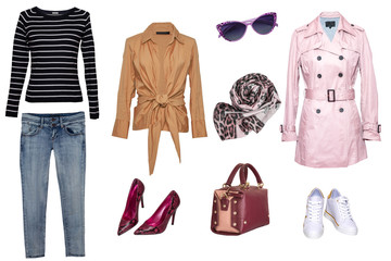 Set of a stylish and trendy women coat, a blouse or shirt, high heeles, a sweater, a handbag, a...