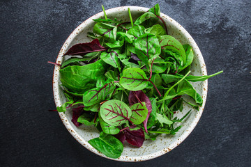 Healthy salad, leaves mix salad (mix micro greens, juicy snack) keto or paleo menu recipe. food background, copy space