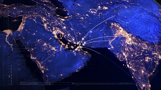 Flying to UAE from many places. Global event in Dubai. All flying to Dubai.Airplane trip on the map,globe.HUD with digital data code.Futuristic SciFi UI background.Global connection.