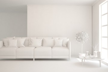 Mock up of minimalist living room in white color with sofa. Scandinavian interior design. 3D illustration