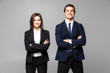 Business people group team standing folded hand smile, businessman and businesswoman isolated over...
