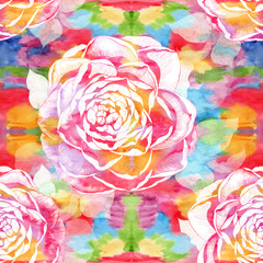 Obraz na płótnie Canvas Camellia - flowers and leaves. Seamless pattern. Collage of flowers on a watercolor background. Decorative composition. Use printed materials, signs, objects, sites, maps.
