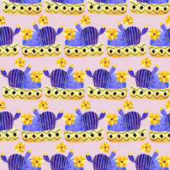 purple cactus and golden post, seamless pattern