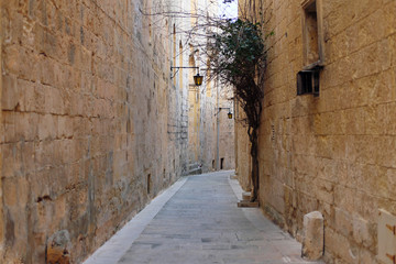Typical maltese narrow alley with limestone walls
