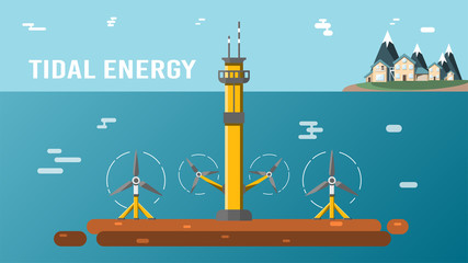 Tidal power plant. Eco friendly underwater renewable energy sources. Flat vector illustration. Alternative electricity generators. Hydro power turbine. - obrazy, fototapety, plakaty