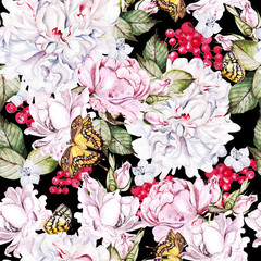 Obrazy na Szkle  Piękny wzór akwarela z róż i piwonia, czerwona porzeczka, motyl.