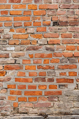Texture of old red brick wall.