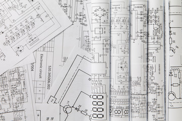 Science, technology and electronics. Electrical engineering drawings printing. Scientific development.